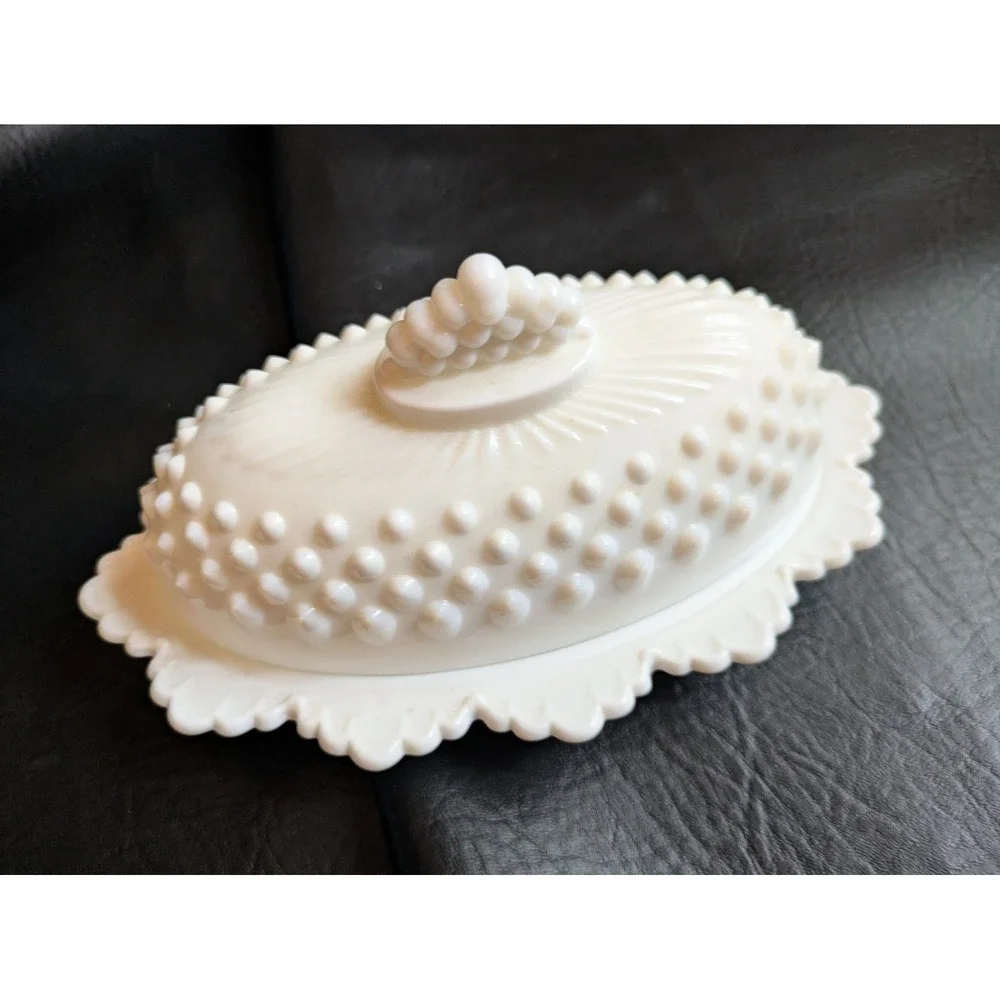Fenton White Milk Glass Hobnail Butter Dish Scalloped Edge Vintage Mid Century
